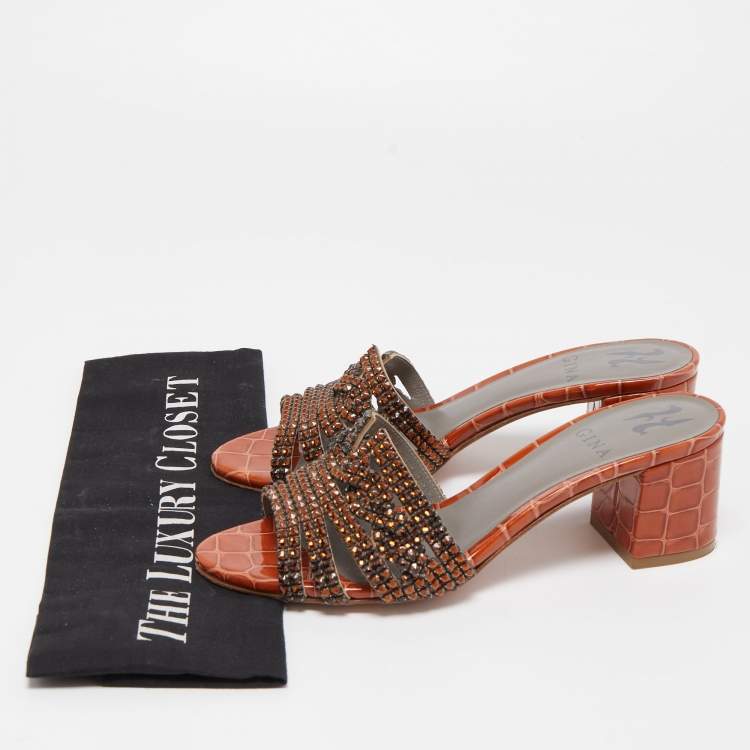 Pre Owned Gina Dark Orange Crystal Embellished Leather Block Heel Slide Sandals Size 36.5