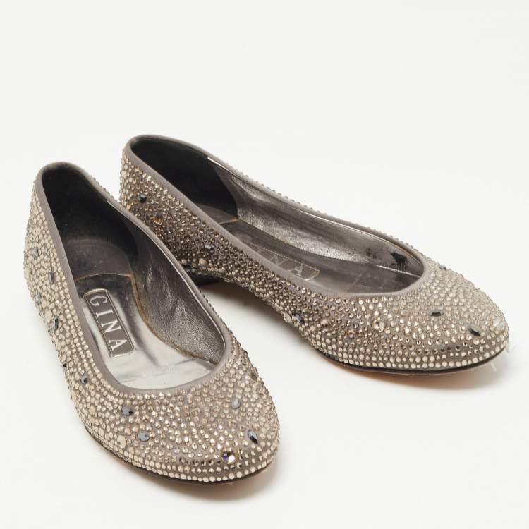 Pre Owned Gina Grey Crystal Embellished Satin Ballet Flats Size 37