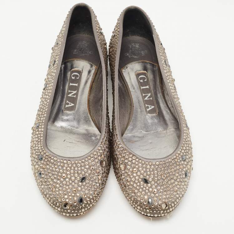 Pre Owned Gina Grey Crystal Embellished Satin Ballet Flats Size 37