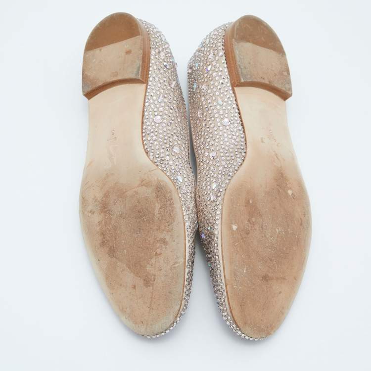 Pre Owned Gina Beige Satin Crystal Embellished  Ballet Flats Size 41