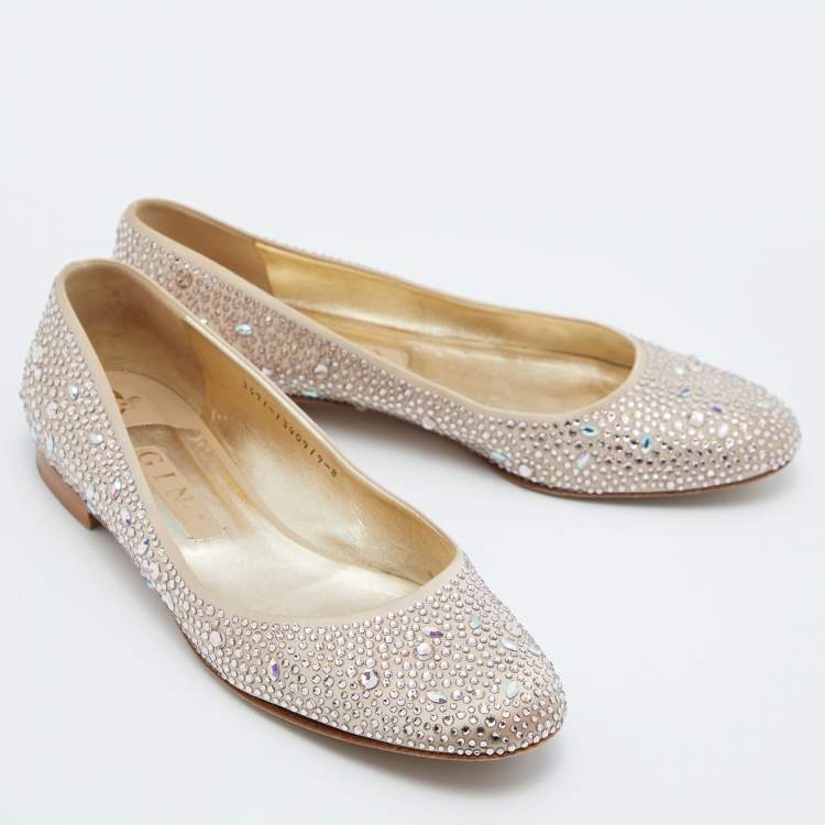 Pre Owned Gina Beige Satin Crystal Embellished  Ballet Flats Size 41