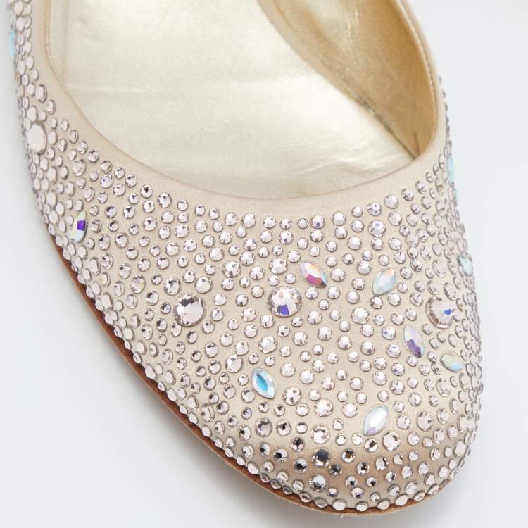 Pre Owned Gina Beige Satin Crystal Embellished  Ballet Flats Size 41