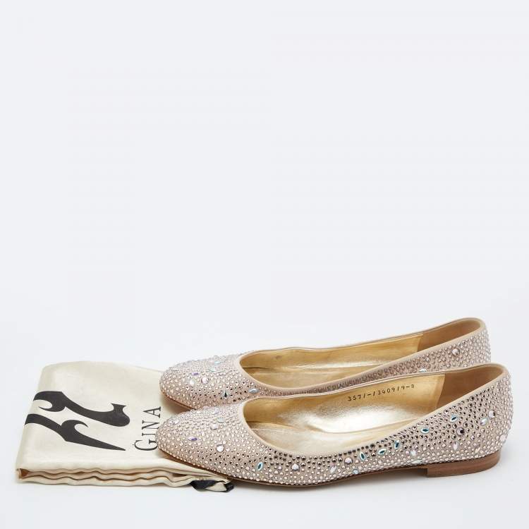 Pre Owned Gina Beige Satin Crystal Embellished  Ballet Flats Size 41