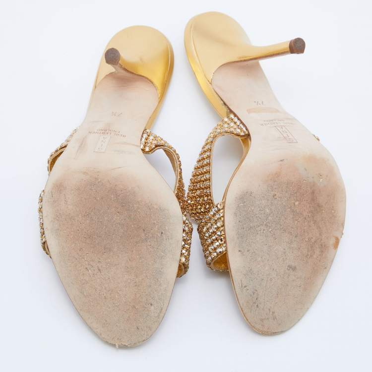 Pre Owned Gina Gold Crystal Embellished Leather Slide Sandals Size 40.5