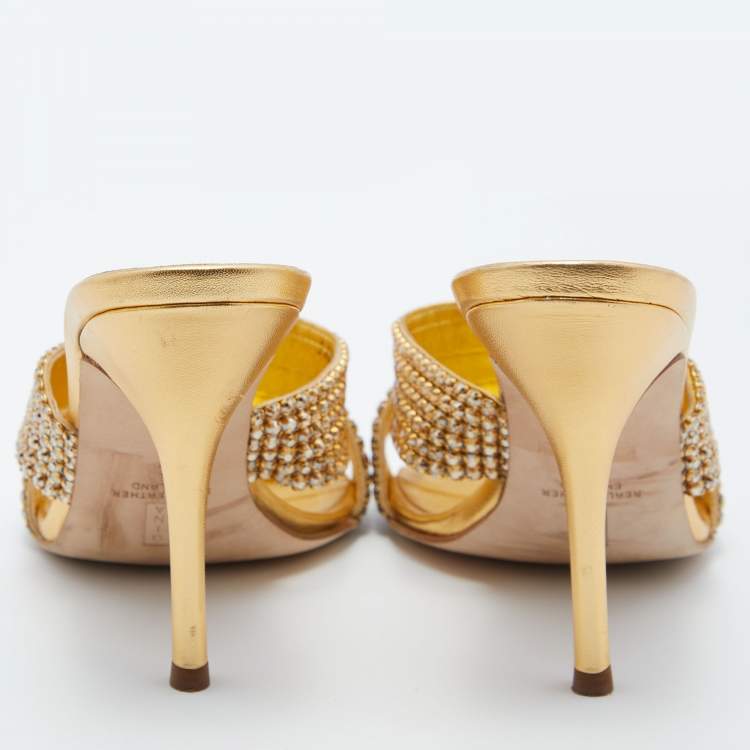 Pre Owned Gina Gold Crystal Embellished Leather Slide Sandals Size 40.5