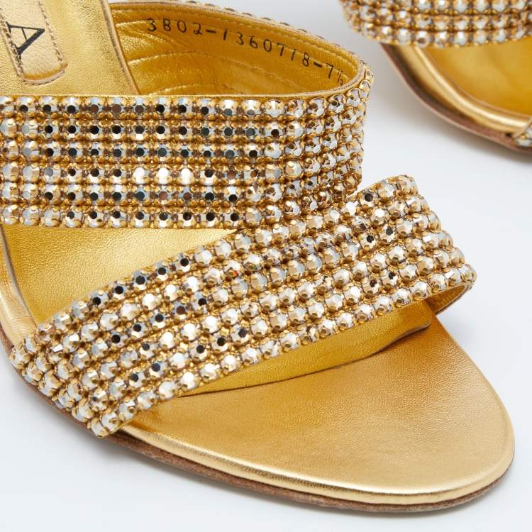 Pre Owned Gina Gold Crystal Embellished Leather Slide Sandals Size 40.5
