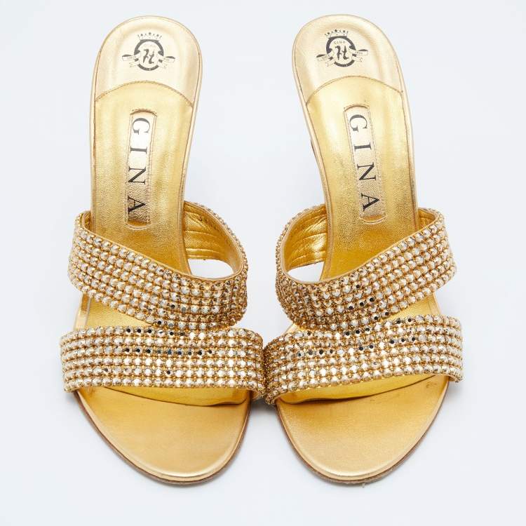 Pre Owned Gina Gold Crystal Embellished Leather Slide Sandals Size 40.5
