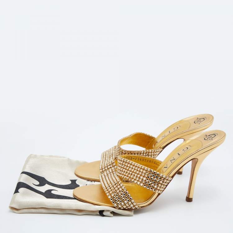 Pre Owned Gina Gold Crystal Embellished Leather Slide Sandals Size 40.5