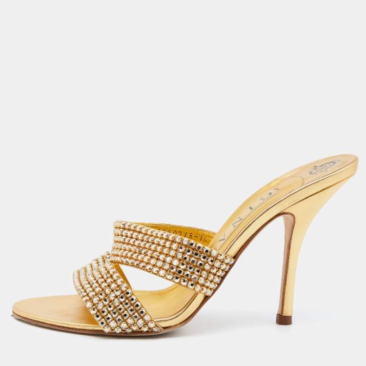 Pre Owned Gina Gold Crystal Embellished Leather Slide Sandals Size 40.5