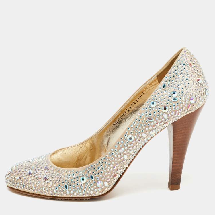 Pre Owned Gina Beige Satin Crystal Embellished Pumps Size 40
