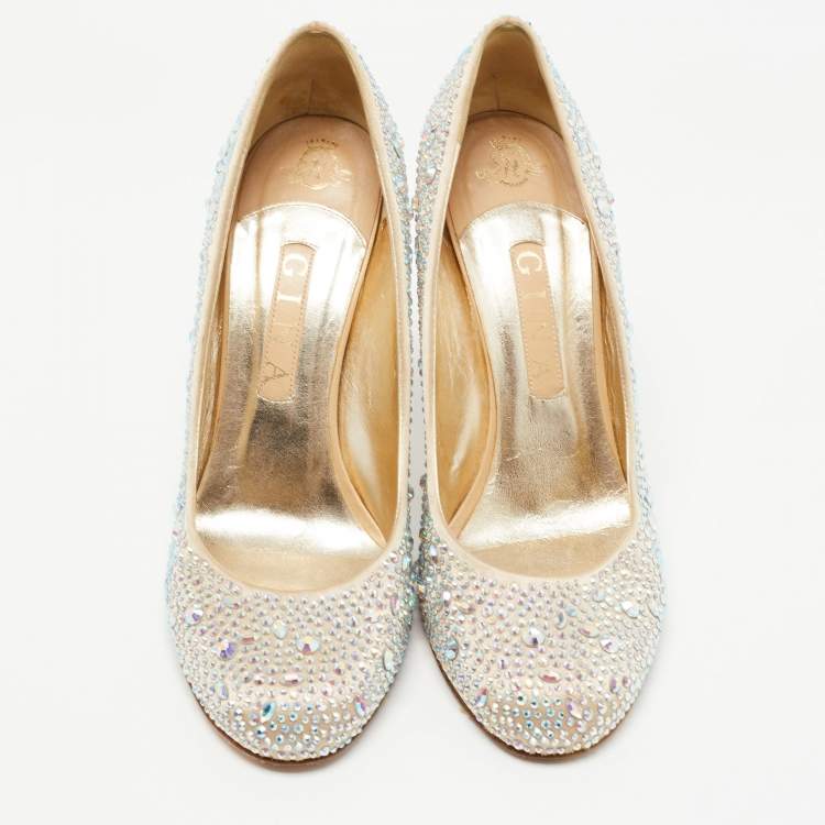 Pre Owned Gina Beige Satin Crystal Embellished Pumps Size 40