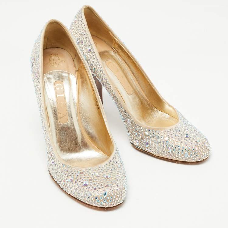 Pre Owned Gina Beige Satin Crystal Embellished Pumps Size 40