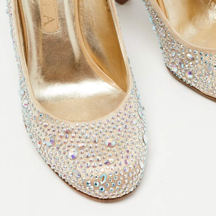 Pre Owned Gina Beige Satin Crystal Embellished Pumps Size 40