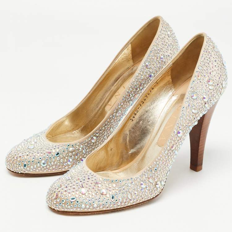 Pre Owned Gina Beige Satin Crystal Embellished Pumps Size 40