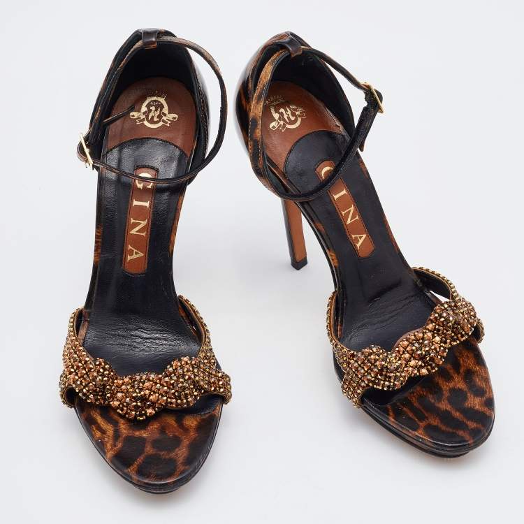 Pre Owned Gina Brown Leopard Print Patent Leather Crystal Embellished Ankle Strap Platform Sandals Size 37.5