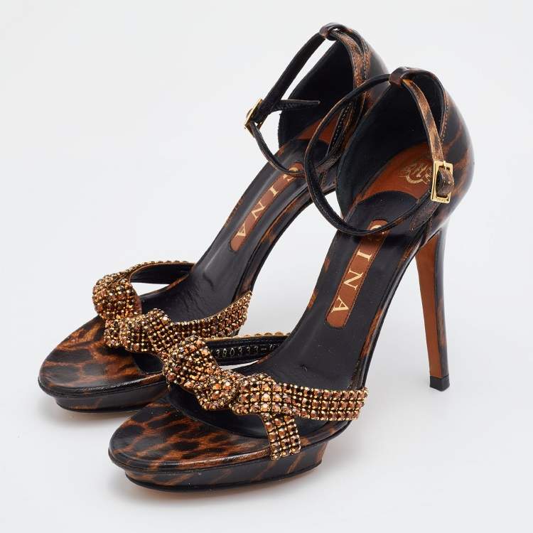 Pre Owned Gina Brown Leopard Print Patent Leather Crystal Embellished Ankle Strap Platform Sandals Size 37.5
