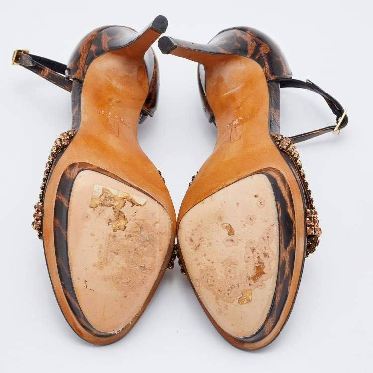 Pre Owned Gina Brown Leopard Print Patent Leather Crystal Embellished Ankle Strap Platform Sandals Size 37.5