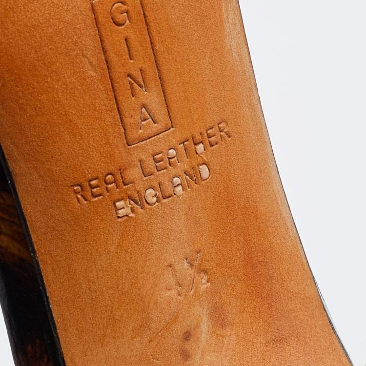 Pre Owned Gina Brown Leopard Print Patent Leather Crystal Embellished Ankle Strap Platform Sandals Size 37.5