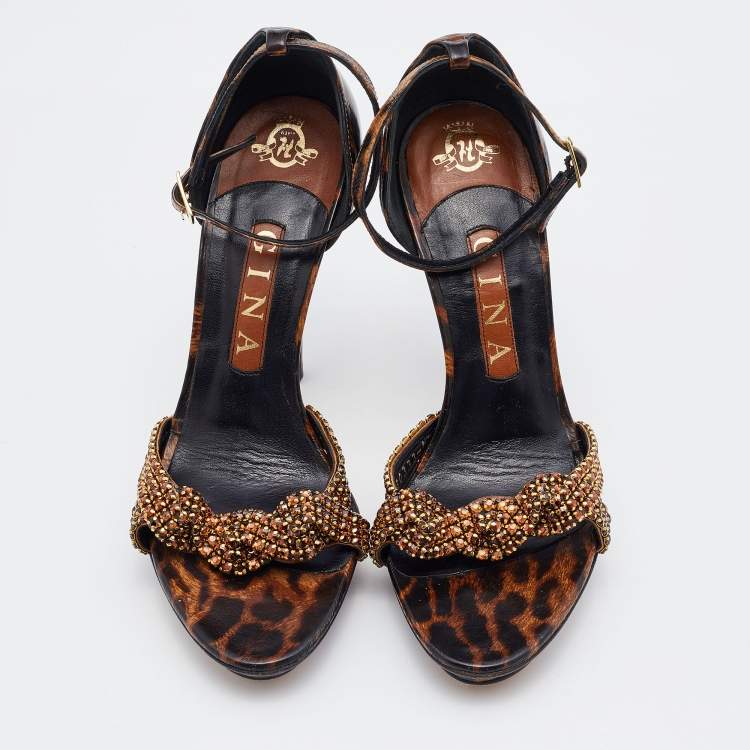 Pre Owned Gina Brown Leopard Print Patent Leather Crystal Embellished Ankle Strap Platform Sandals Size 37.5
