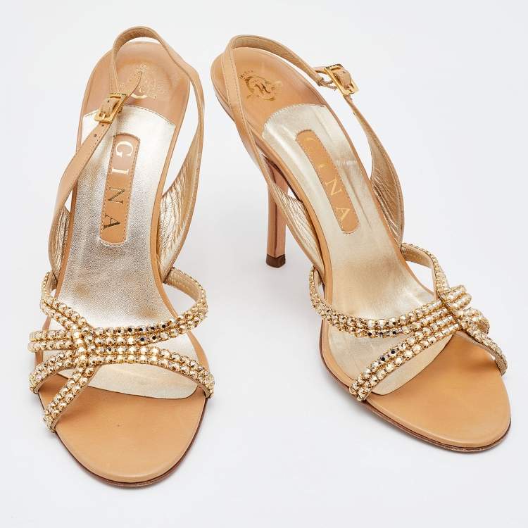 Pre Owned Gina Beige Leather Crystal Embellished Slingback Sandals Size 40