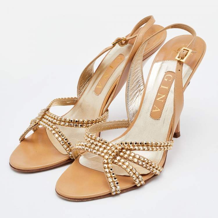 Pre Owned Gina Beige Leather Crystal Embellished Slingback Sandals Size 40