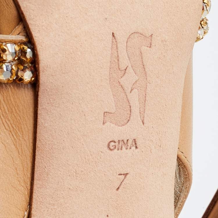 Pre Owned Gina Beige Leather Crystal Embellished Slingback Sandals Size 40