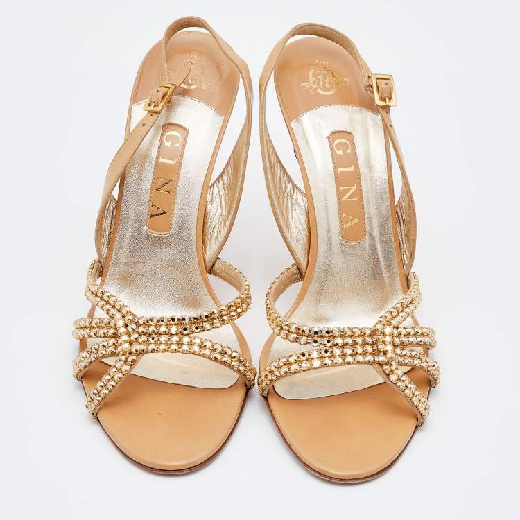 Pre Owned Gina Beige Leather Crystal Embellished Slingback Sandals Size 40