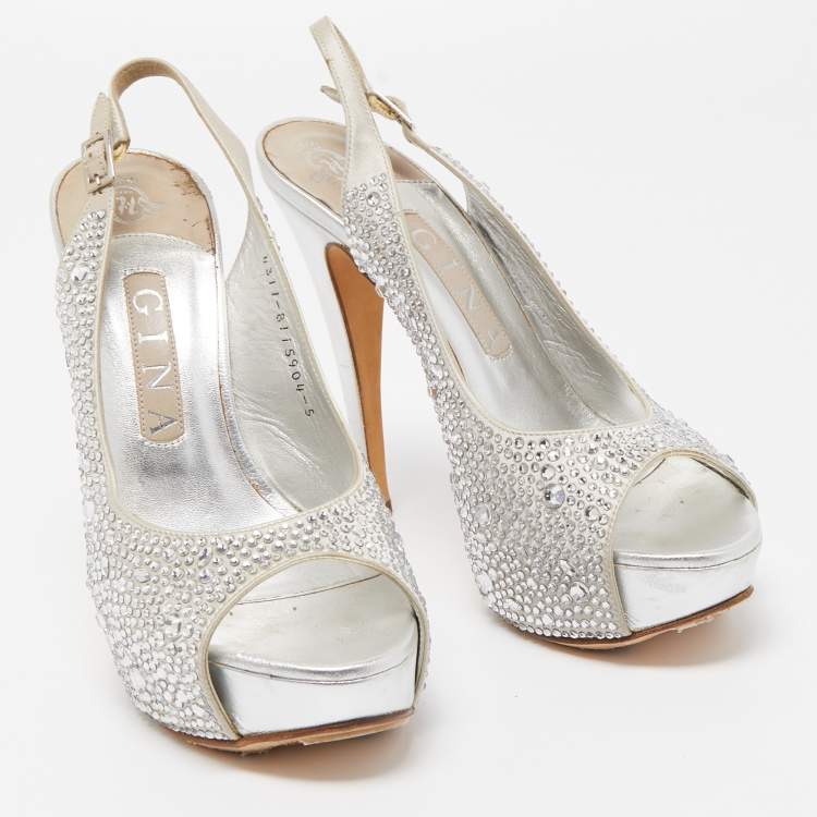 Pre Owned Gina Silver Crystal Embellished Satin Open Toe Slingback Sandals Size 38