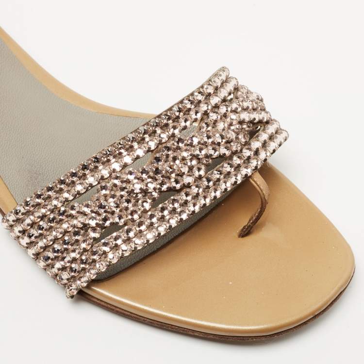 Pre Owned Gina Beige Leather and Crystal Embellished Thong Flats Size 37.5