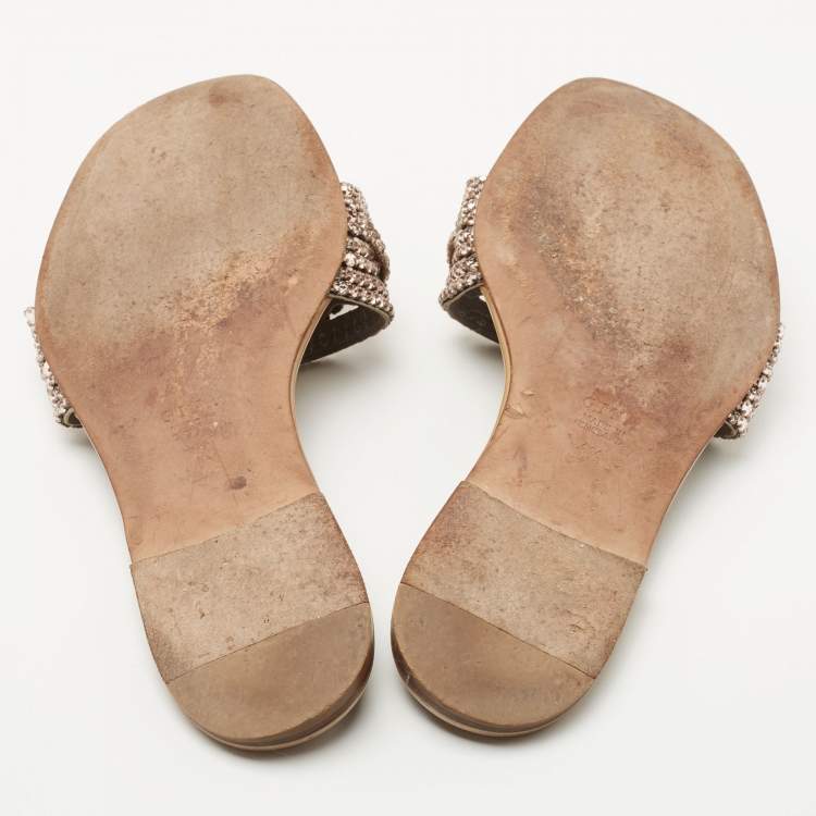 Pre Owned Gina Beige Leather and Crystal Embellished Thong Flats Size 37.5