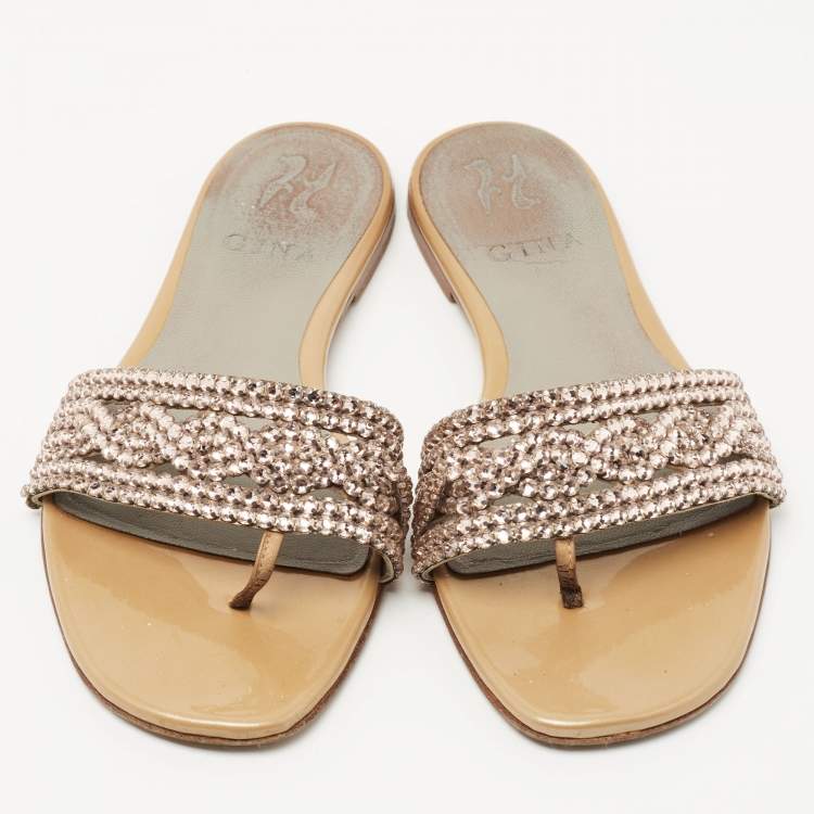 Pre Owned Gina Beige Leather and Crystal Embellished Thong Flats Size 37.5