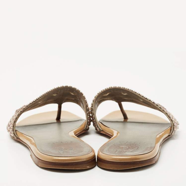 Pre Owned Gina Beige Leather and Crystal Embellished Thong Flats Size 37.5