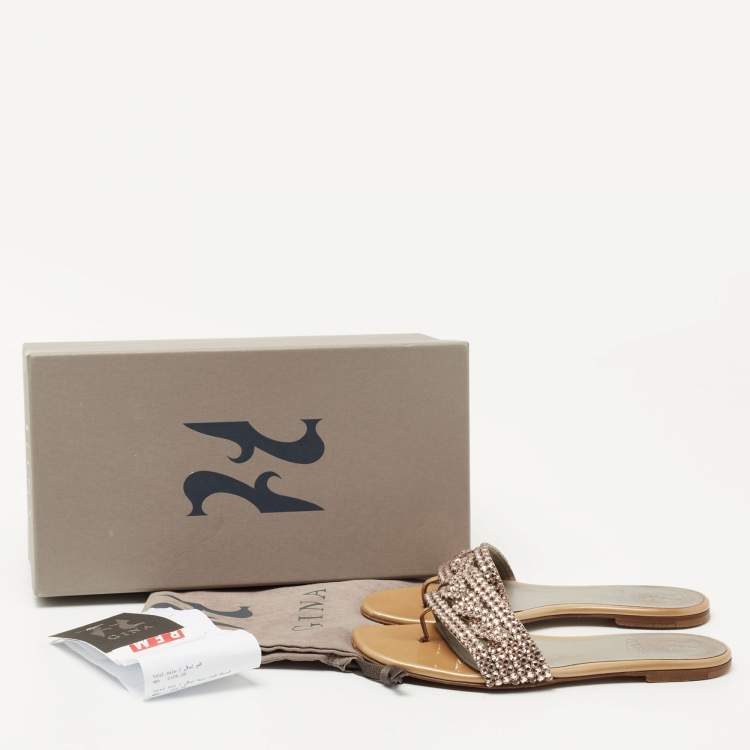 Pre Owned Gina Beige Leather and Crystal Embellished Thong Flats Size 37.5