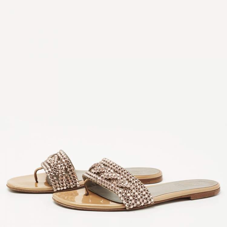 Pre Owned Gina Beige Leather and Crystal Embellished Thong Flats Size 37.5