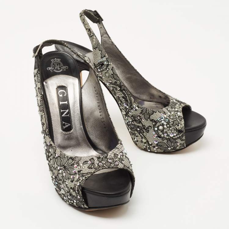 Pre Owned Gina Black Lace Crystal Embellished Peep Toe Slingback Platform Pumps Size 37.5