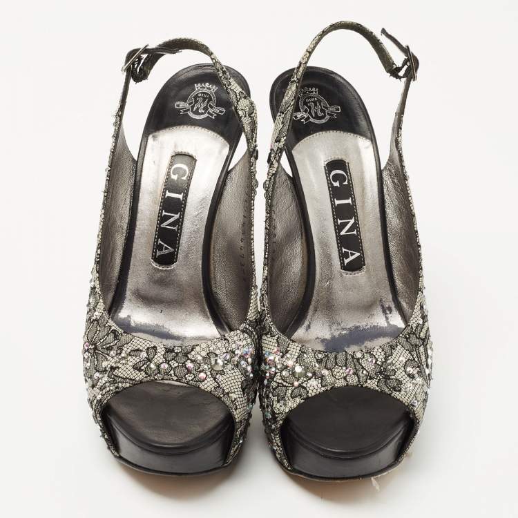 Pre Owned Gina Black Lace Crystal Embellished Peep Toe Slingback Platform Pumps Size 37.5