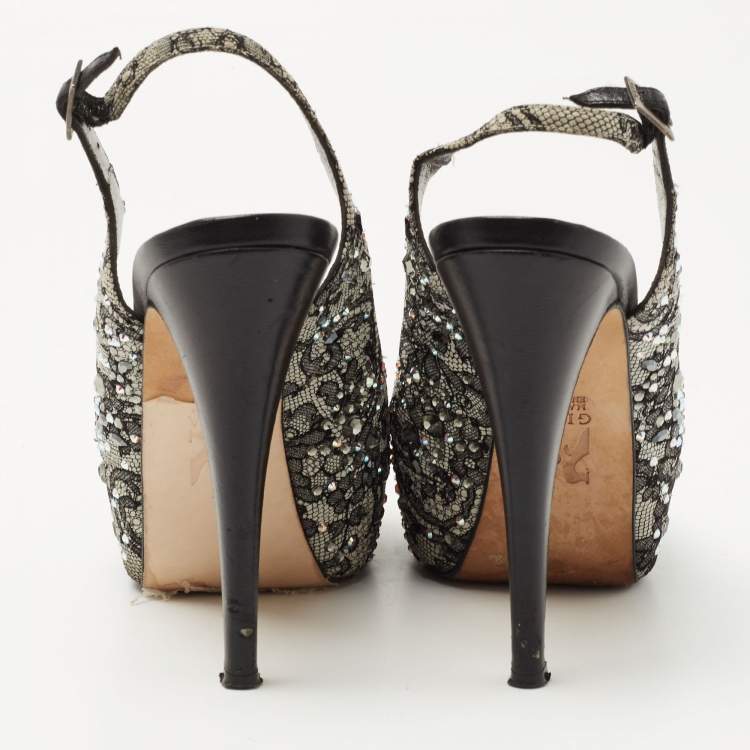 Pre Owned Gina Black Lace Crystal Embellished Peep Toe Slingback Platform Pumps Size 37.5