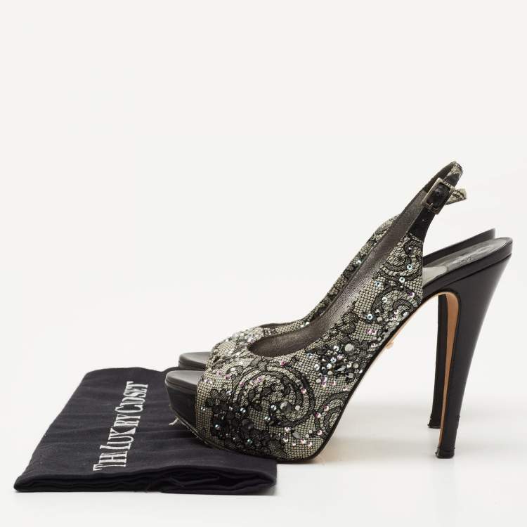 Pre Owned Gina Black Lace Crystal Embellished Peep Toe Slingback Platform Pumps Size 37.5