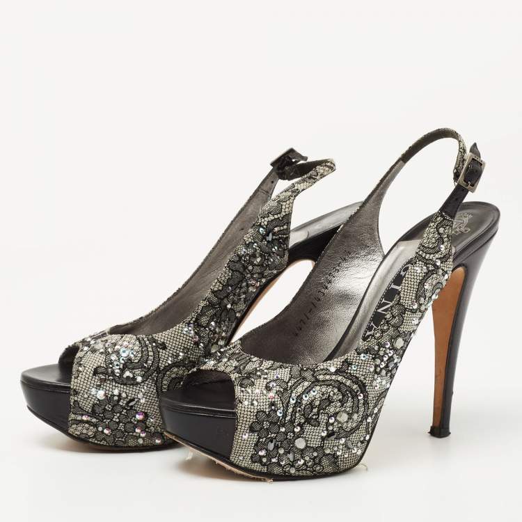 Pre Owned Gina Black Lace Crystal Embellished Peep Toe Slingback Platform Pumps Size 37.5