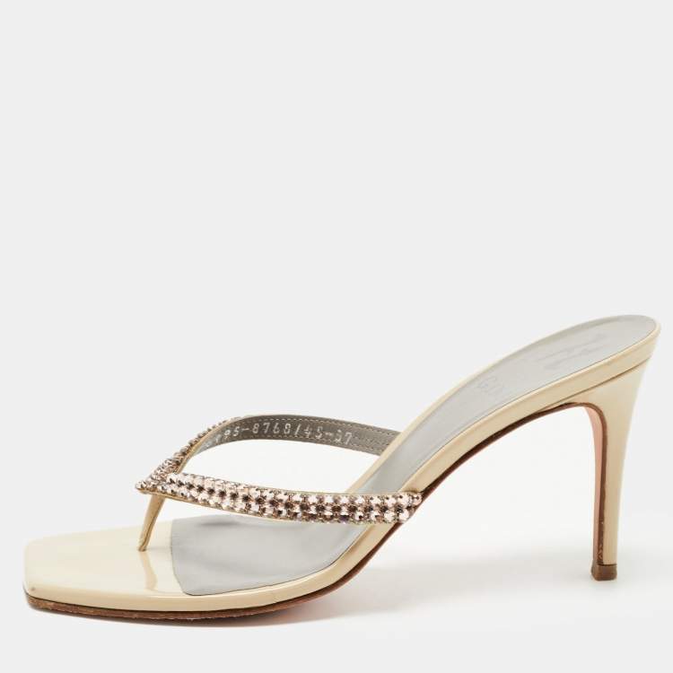 مملوكة مسبقًا Gina Grey Crystal Embellished Leather Slide Sandals Size 37