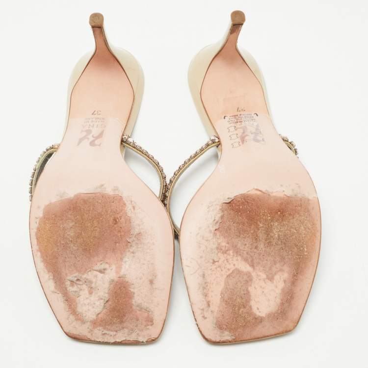 مملوكة مسبقًا Gina Grey Crystal Embellished Leather Slide Sandals Size 37