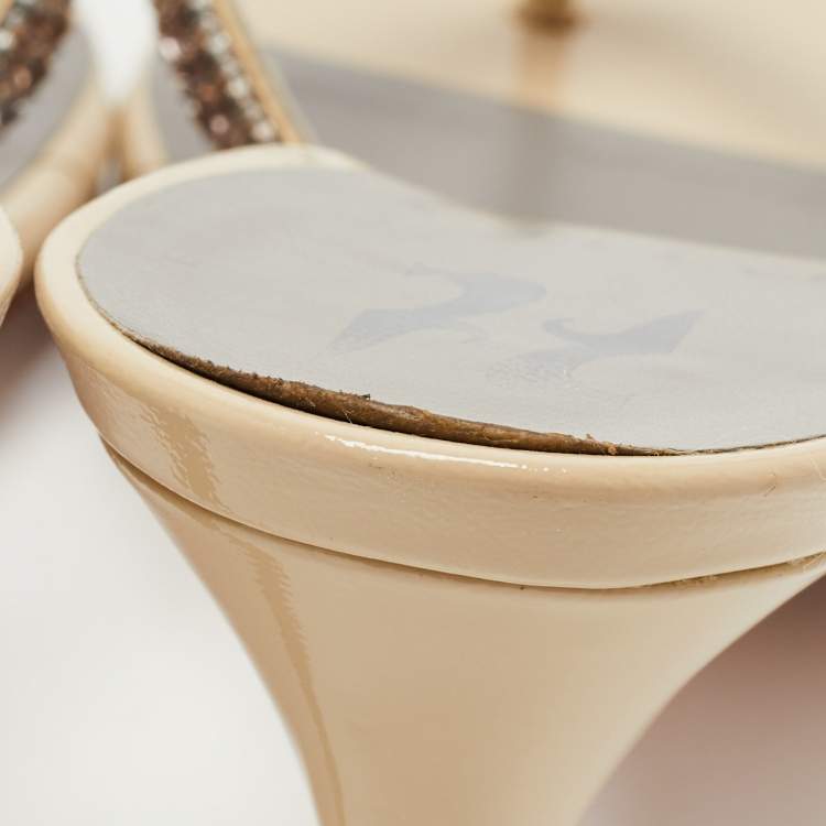 مملوكة مسبقًا Gina Grey Crystal Embellished Leather Slide Sandals Size 37