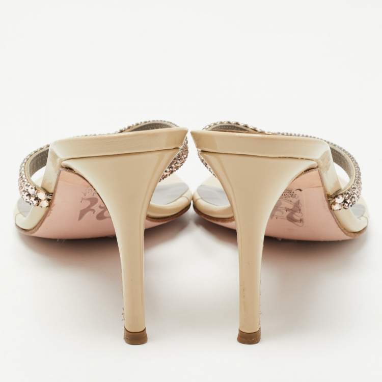 مملوكة مسبقًا Gina Grey Crystal Embellished Leather Slide Sandals Size 37