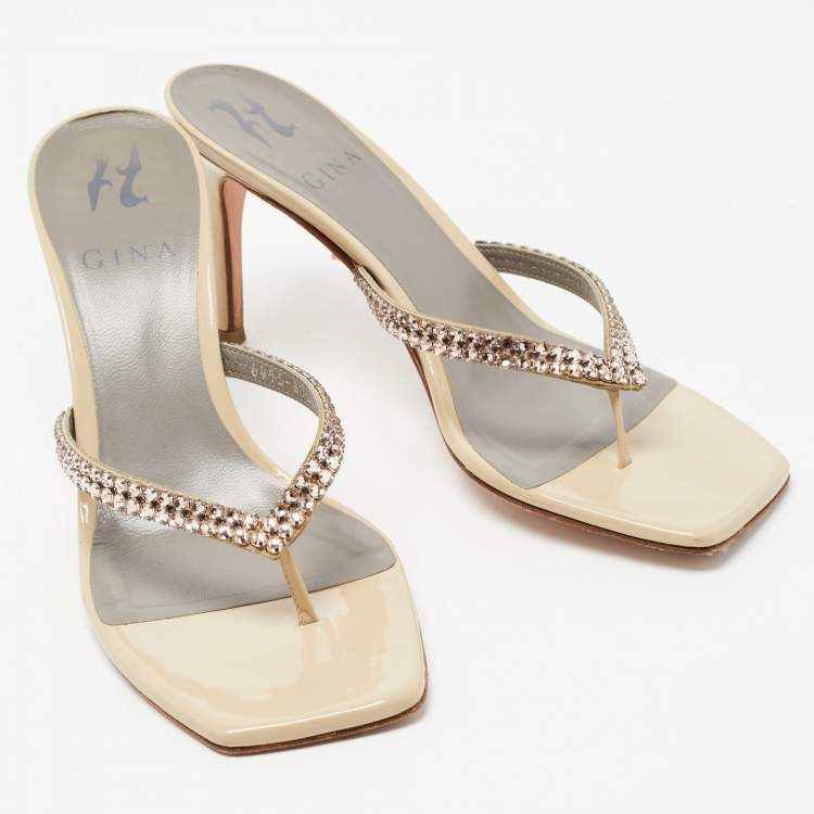 مملوكة مسبقًا Gina Grey Crystal Embellished Leather Slide Sandals Size 37