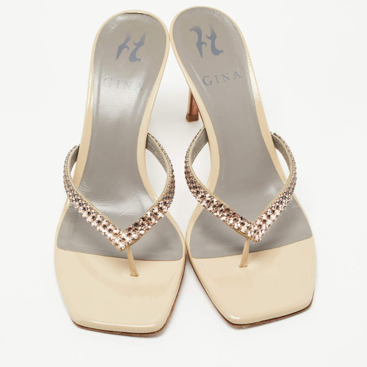مملوكة مسبقًا Gina Grey Crystal Embellished Leather Slide Sandals Size 37