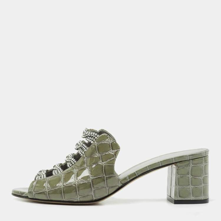 مملوكة مسبقًا Gina Green Croc Embossed Leather Crystal Embellished Slide Sandals Size 39
