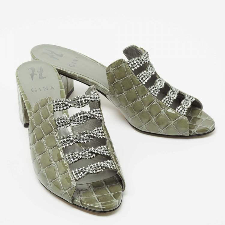 مملوكة مسبقًا Gina Green Croc Embossed Leather Crystal Embellished Slide Sandals Size 39