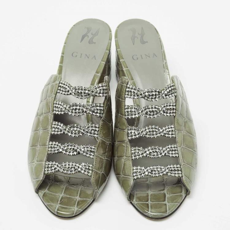 مملوكة مسبقًا Gina Green Croc Embossed Leather Crystal Embellished Slide Sandals Size 39