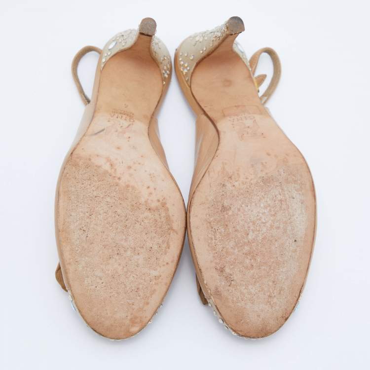 Pre Owned Gina Beige Leather and Satin Crystal Embellished Slingback Sandals Size 37