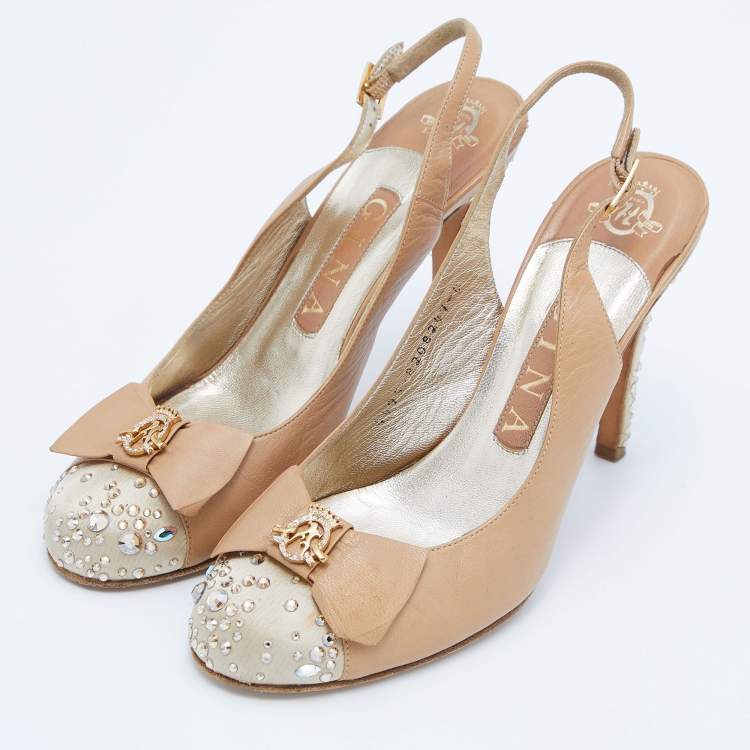 Pre Owned Gina Beige Leather and Satin Crystal Embellished Slingback Sandals Size 37